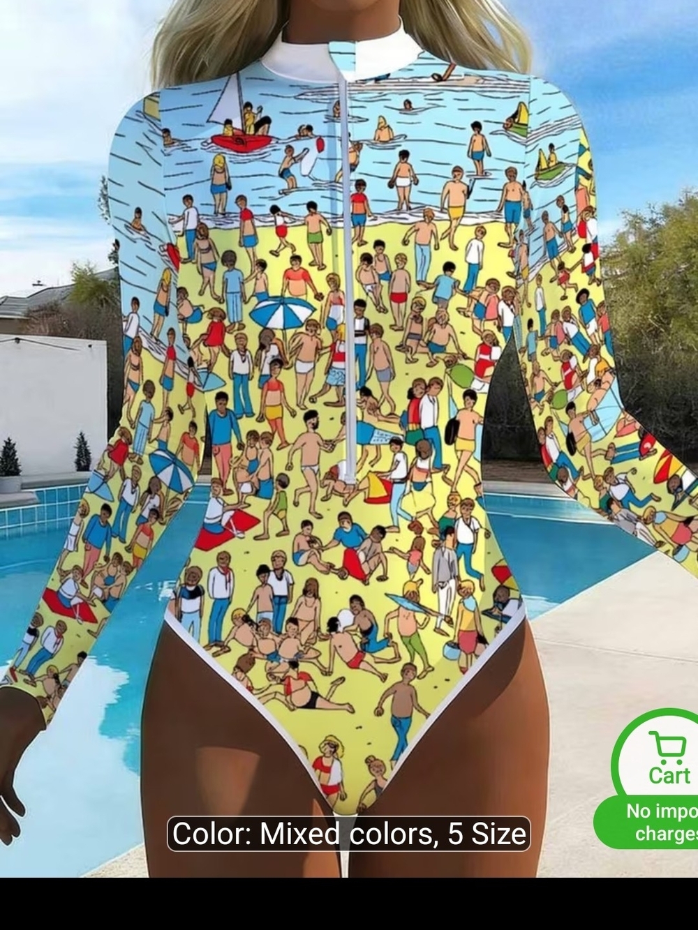 Source Unknown Mixed-Color Beach Scene Long-Sleeve One-Piece Swimsuit